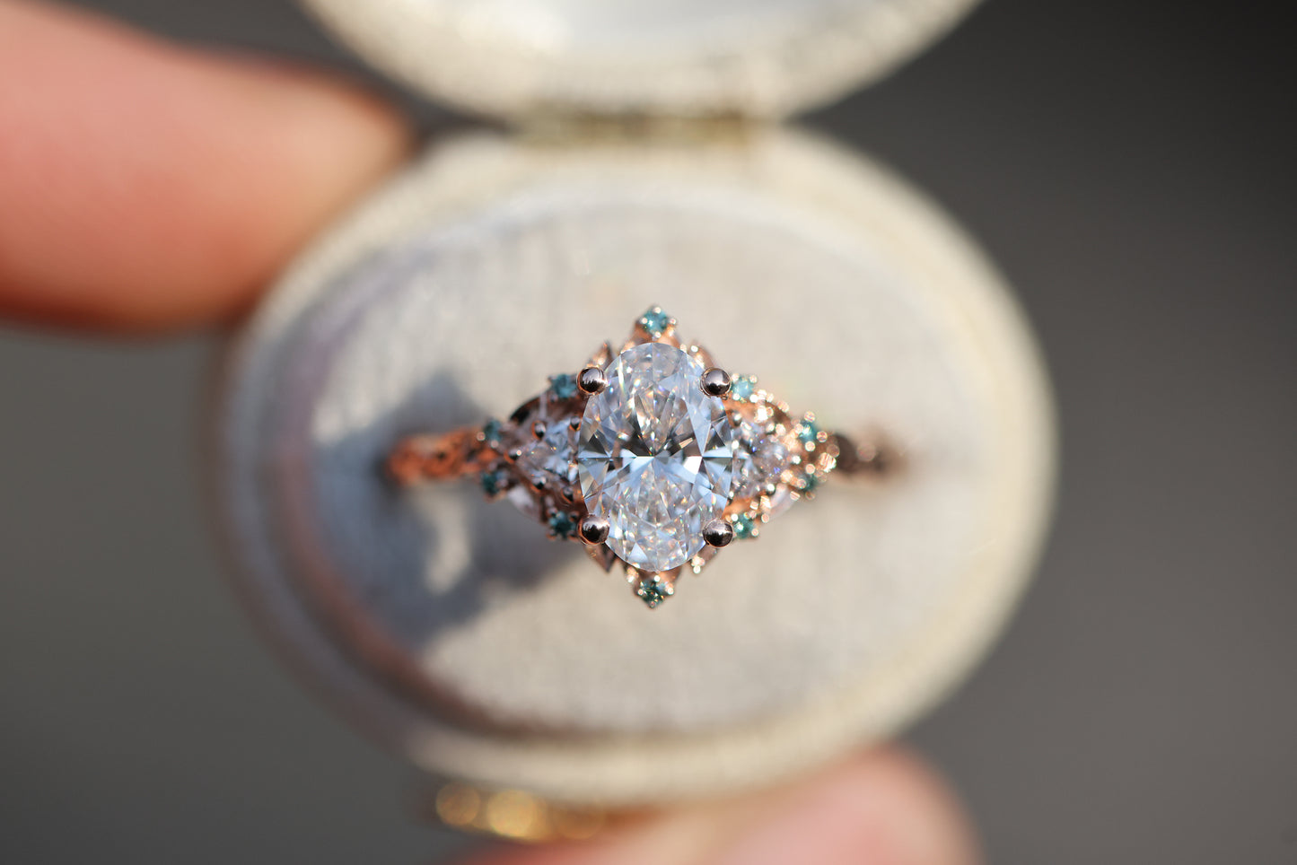 Briar Rose Three Stone with 1.2ct Oval Lab Diamond and Mint Diamond Accents