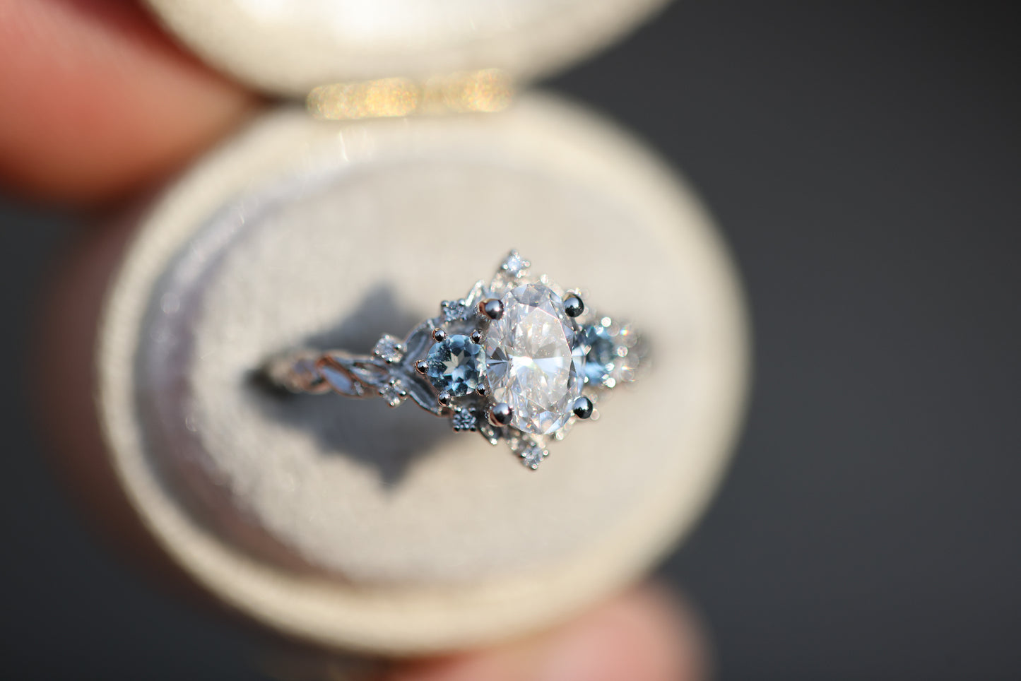 Briar Rose Three Stone with .7ct Oval Lab Diamond and Aquamarine