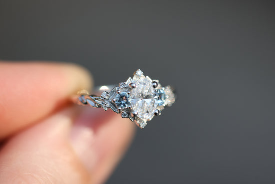 Briar Rose Three Stone with .7ct Oval Lab Diamond and Aquamarine