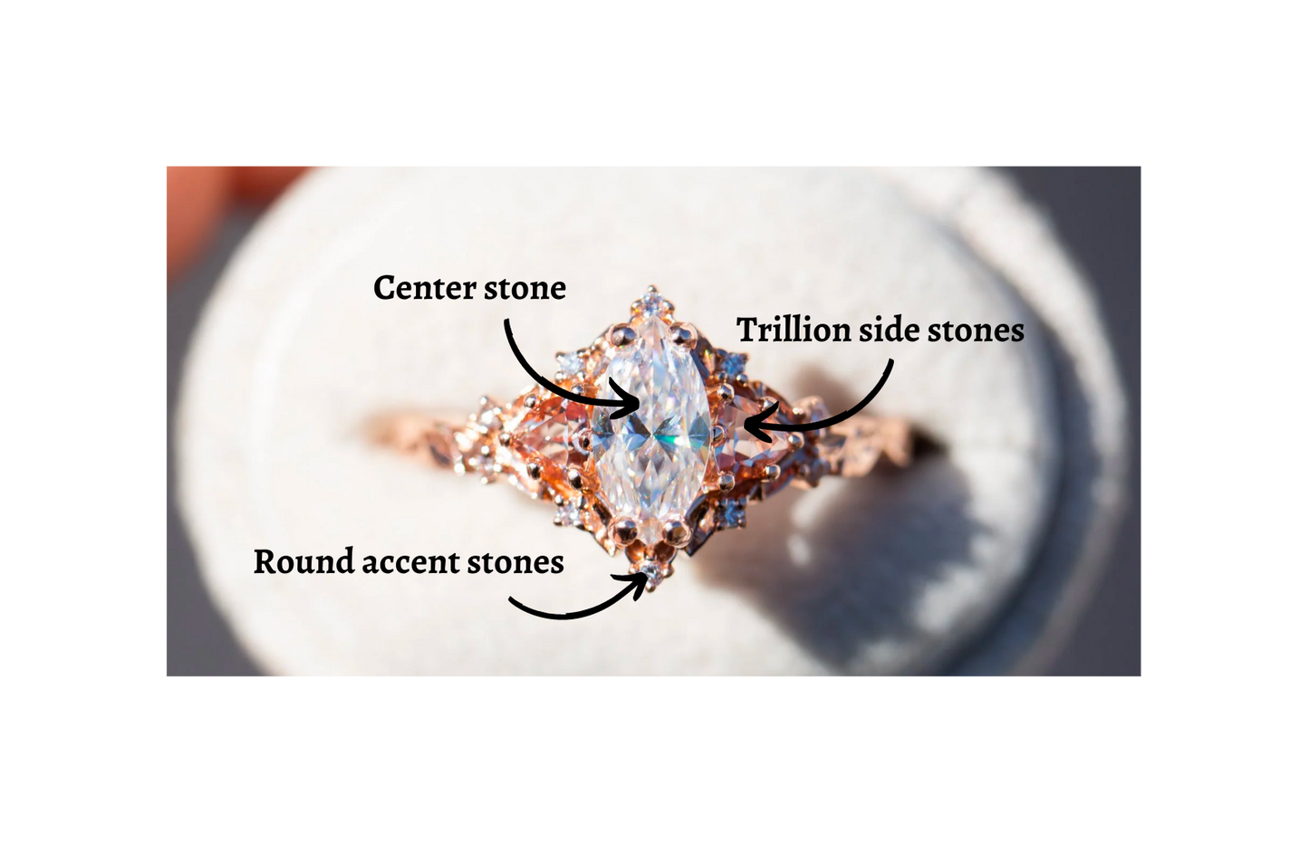 Customize your own briar rose three stone with marquise center, trillion side stones