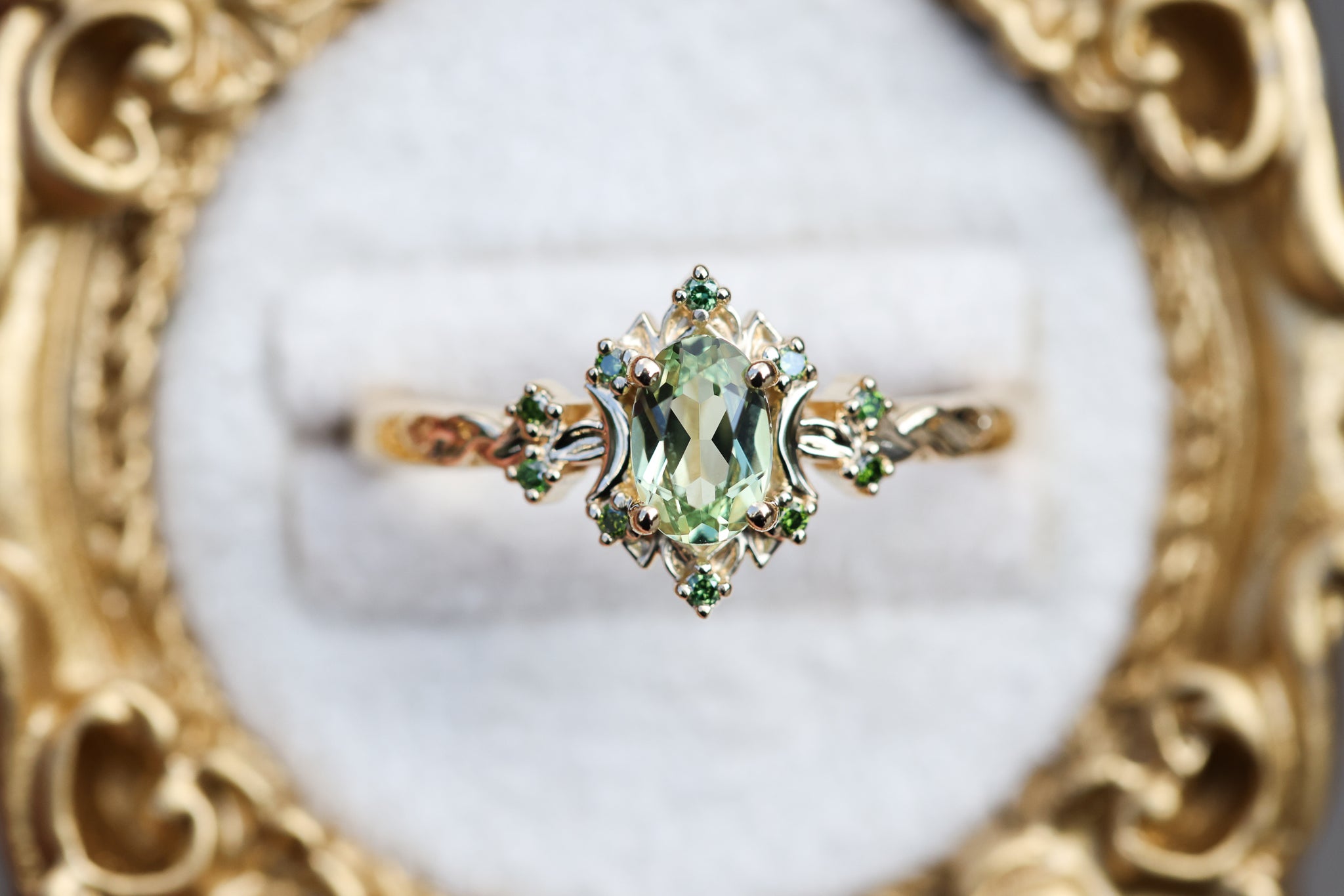 Briar Rose Halo Moon with 6x4mm oval lab green sapphire – Oore Jewelry