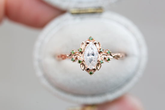 Load image into Gallery viewer, Briar rose halo with marquise moissanite and green diamond accents
