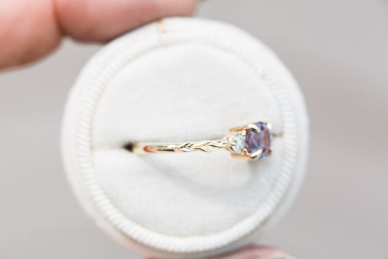 Round alexandrite and grey diamond leaf engagement ring