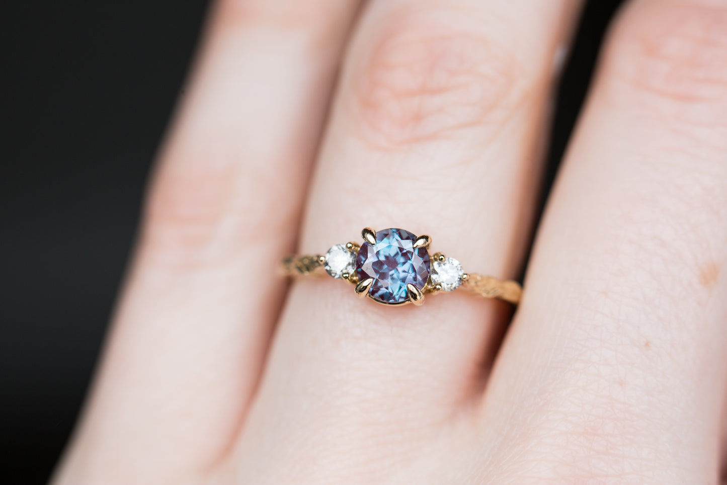 Round alexandrite and grey diamond leaf engagement ring