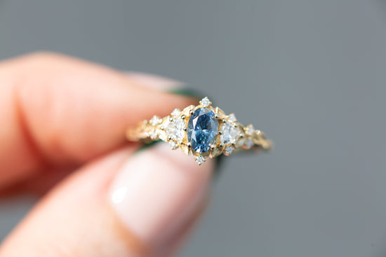 Load image into Gallery viewer, Briar rose three stone with oval grey moissanite (fairy queen ring)
