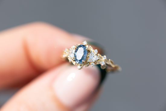 Load image into Gallery viewer, Briar rose three stone with oval grey moissanite (fairy queen ring)
