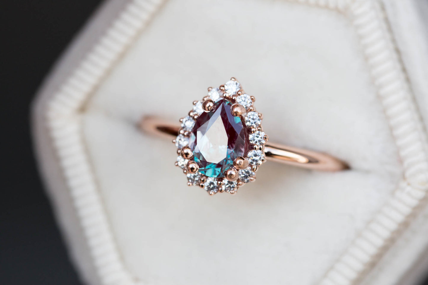 Load image into Gallery viewer, Pear alexandrite halo engagement ring
