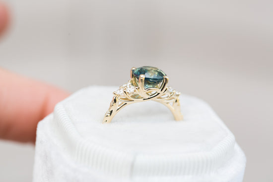 2.4ct round teal sapphire cluster ring, seraphina setting