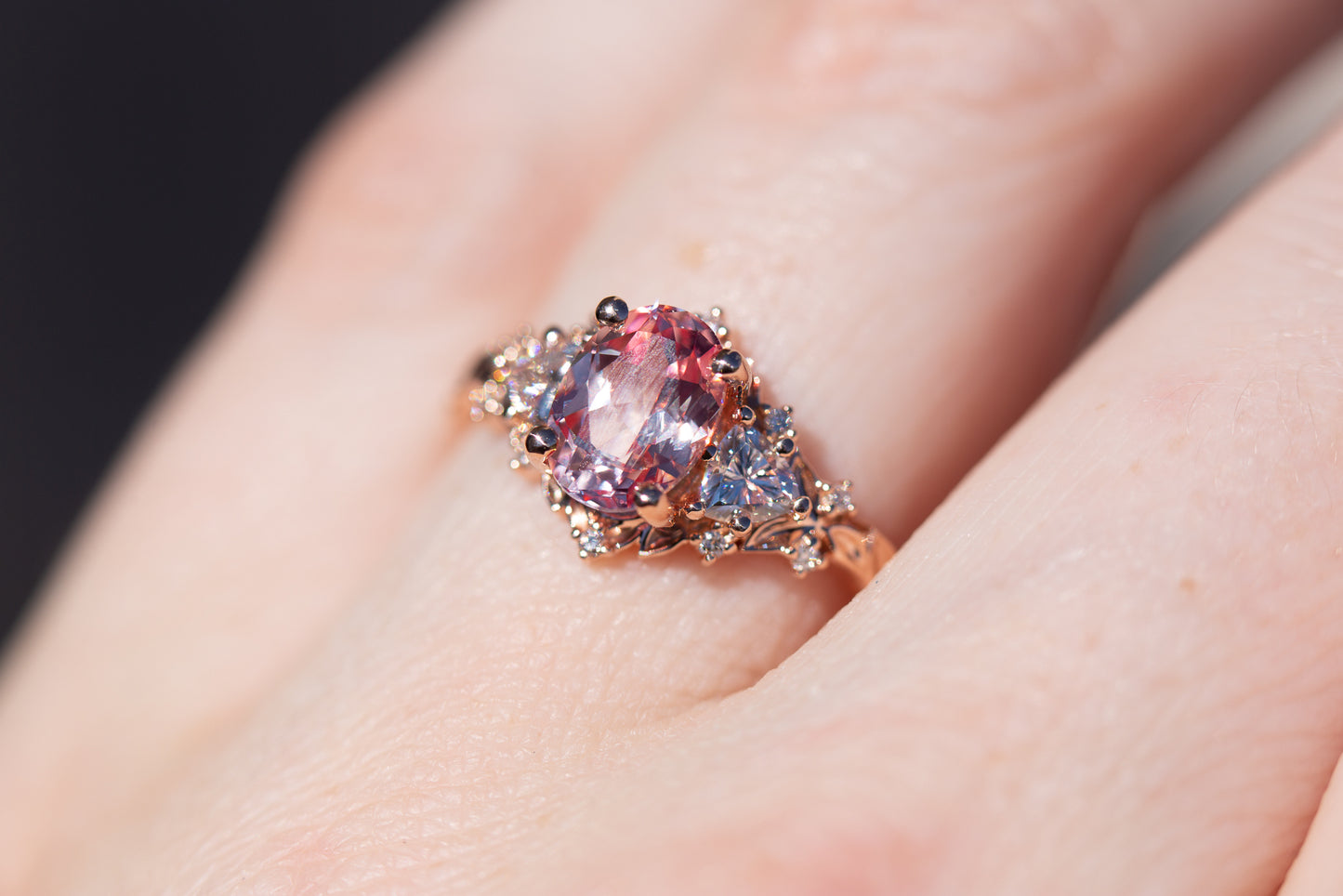 Briar rose three stone with 8x6mm oval lab peach sapphire (fairy queen ring)