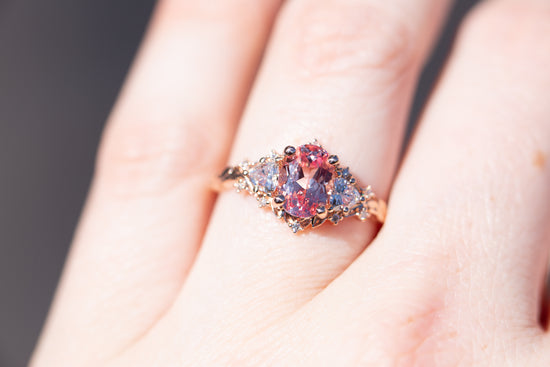 Briar rose three stone with 8x6mm oval lab peach sapphire (fairy queen ring)