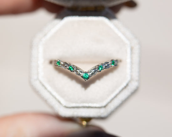 Chevron leaf band with emeralds
