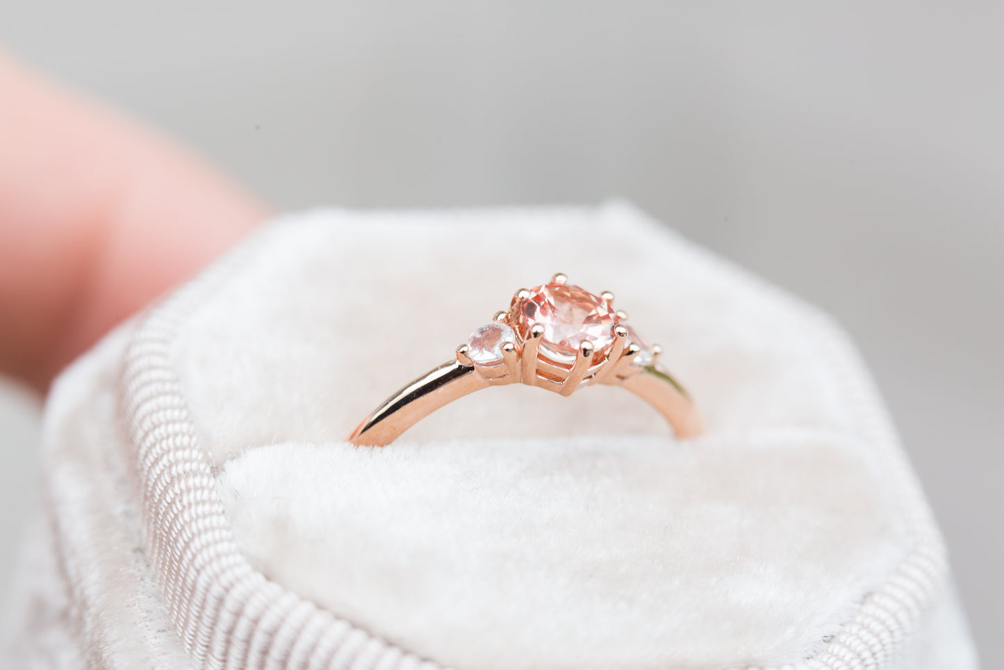 Chatham peach sapphire and moonstone three stone ring