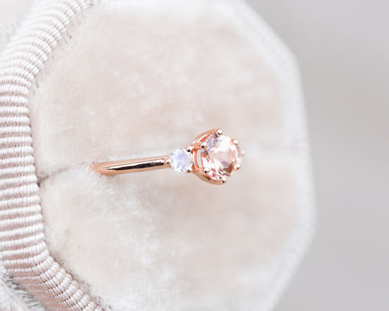 Chatham peach sapphire and moonstone three stone ring