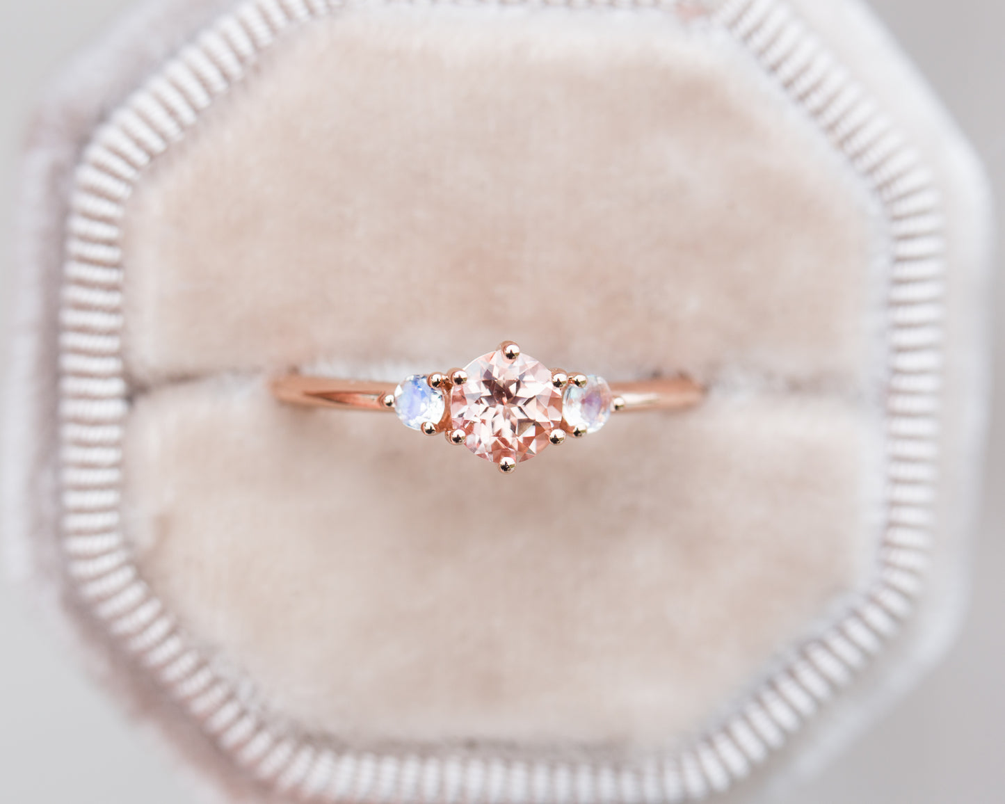 Chatham peach sapphire and moonstone three stone ring