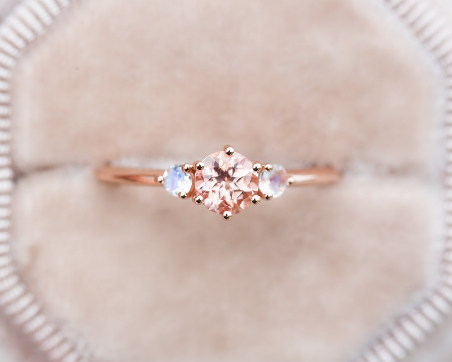 Chatham peach sapphire and moonstone three stone ring