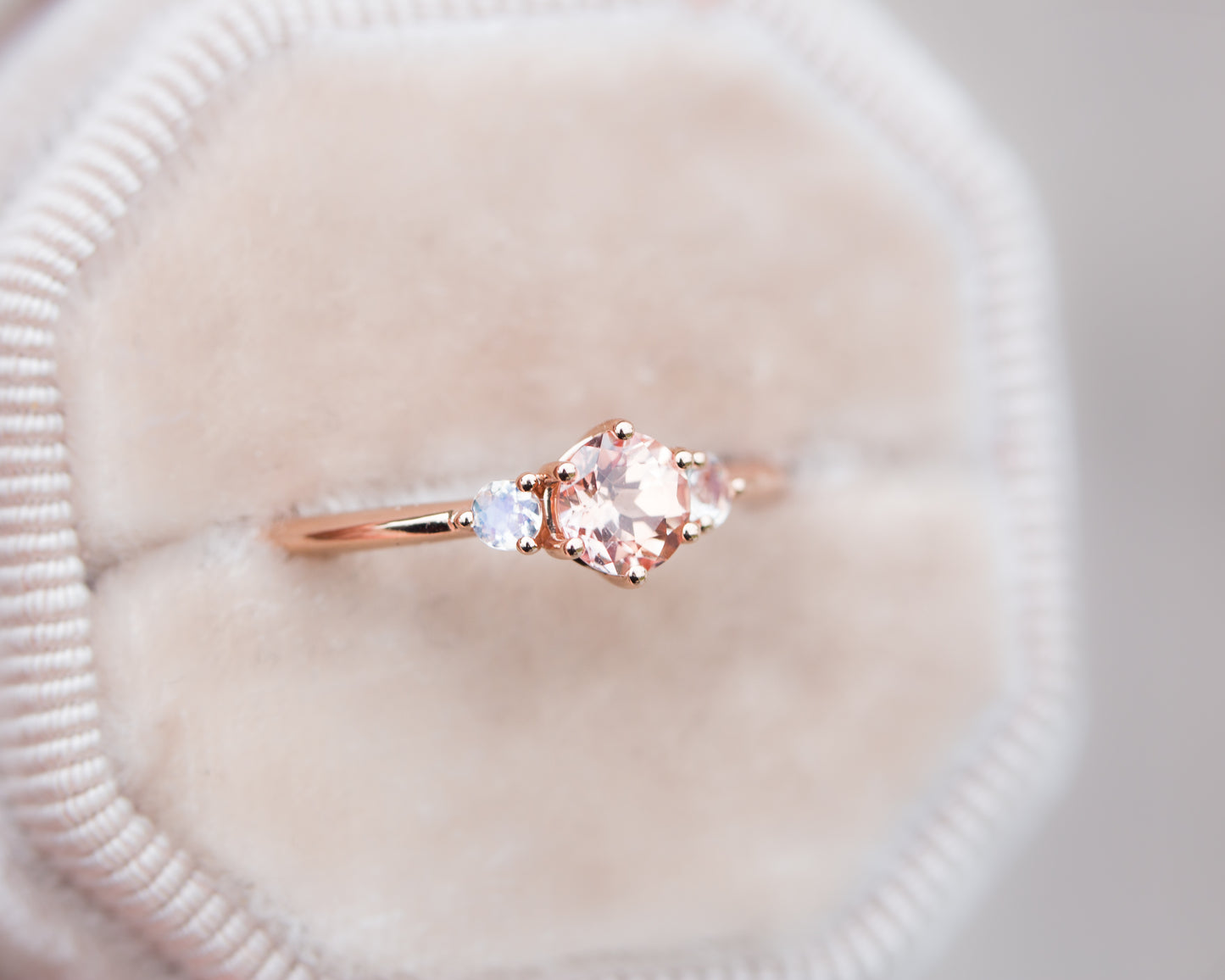 Load image into Gallery viewer, Chatham peach sapphire and moonstone three stone ring
