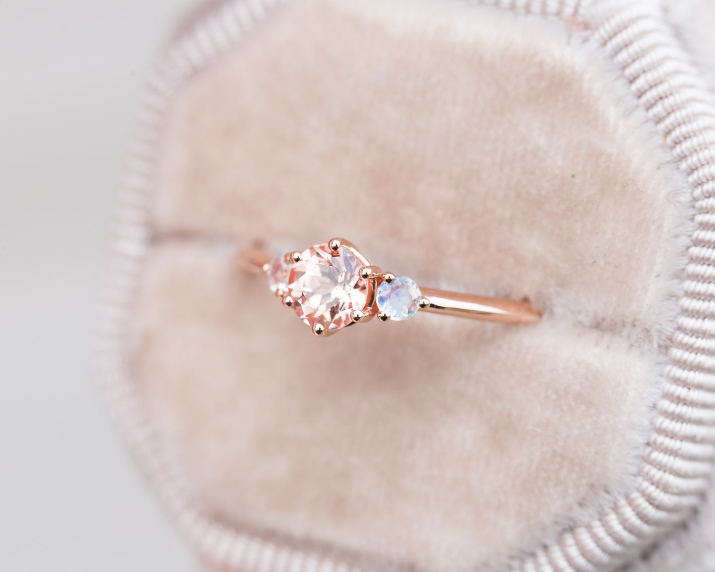 Load image into Gallery viewer, Chatham peach sapphire and moonstone three stone ring
