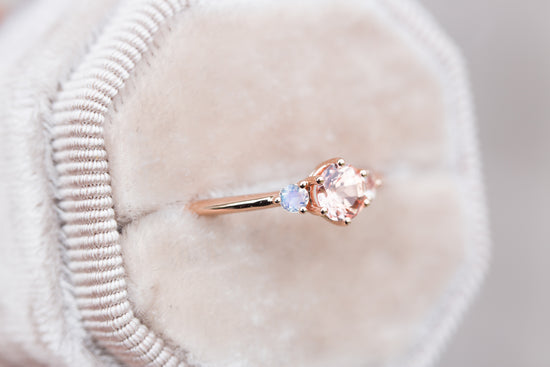 Chatham peach sapphire and moonstone three stone ring