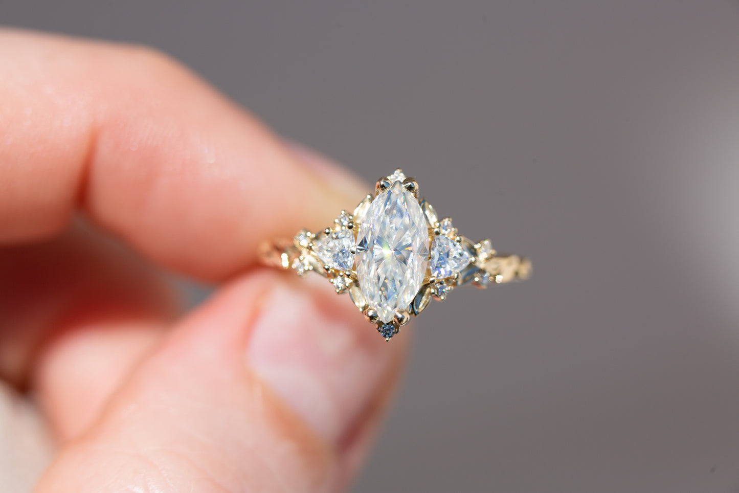 Briar rose three stone with marquise moissanite