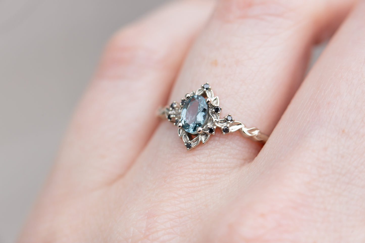 Load image into Gallery viewer, Briar rose halo with grey spinel and black diamonds
