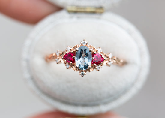 Briar rose three stone with grey spinel and ruby
