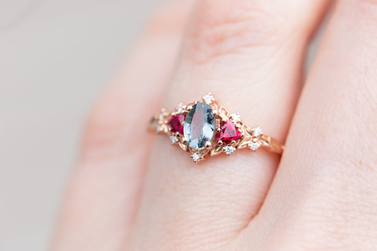 Briar rose three stone with grey spinel and ruby