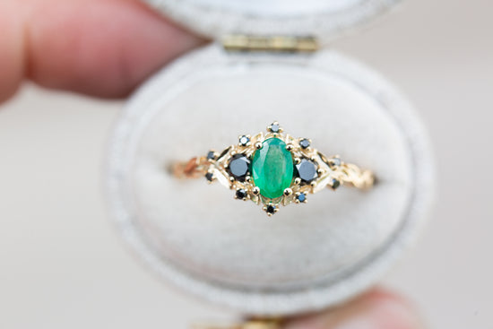 Load image into Gallery viewer, Briar rose three stone with natural emerald and black diamonds
