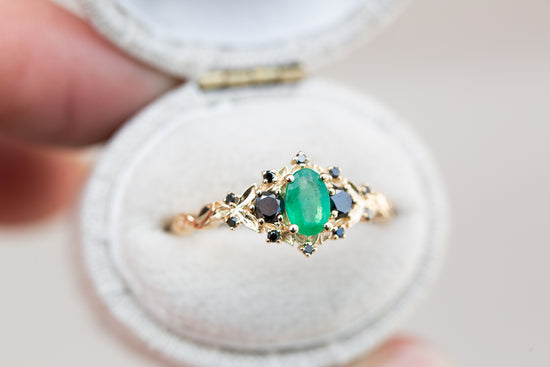 Load image into Gallery viewer, Briar rose three stone with natural emerald and black diamonds
