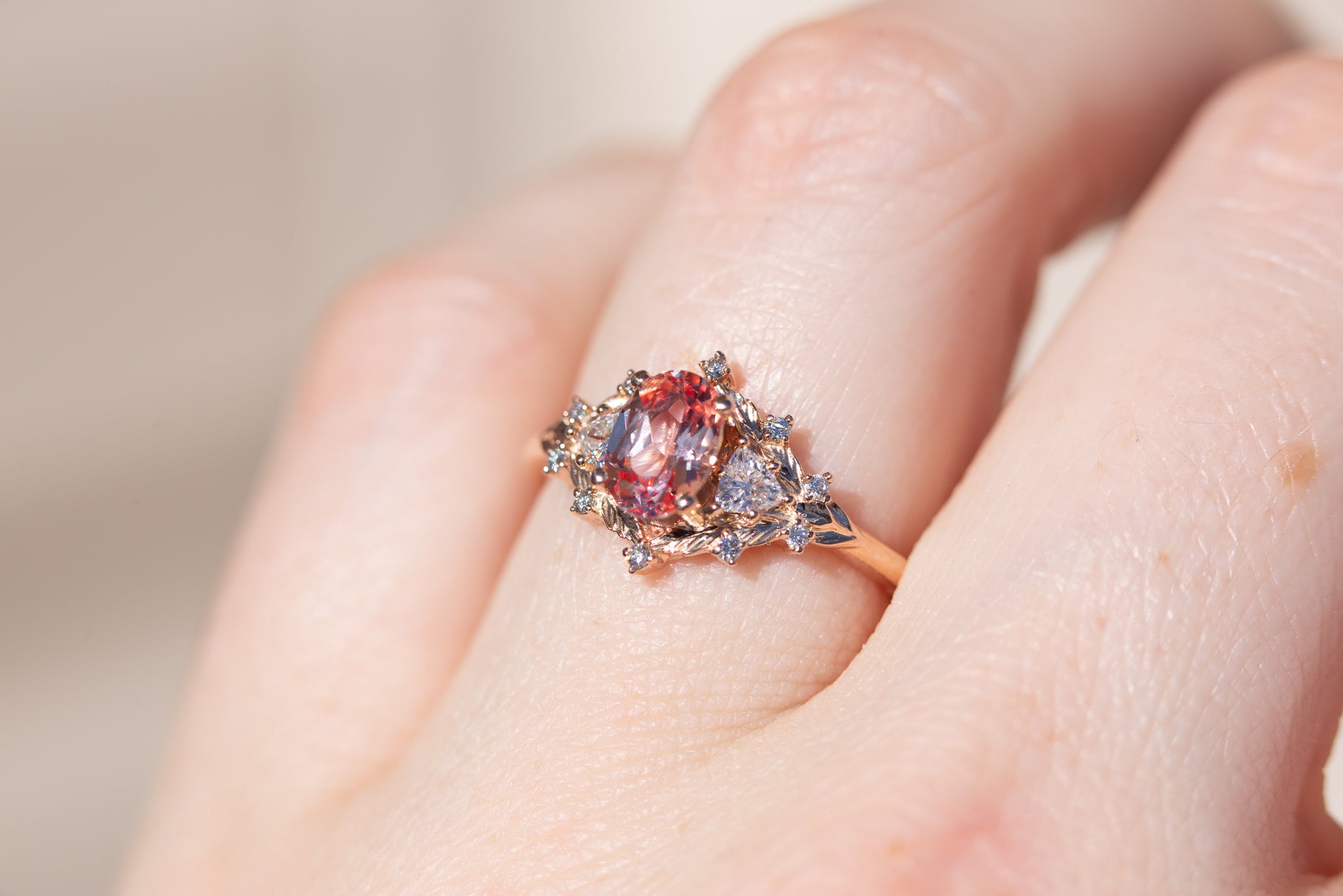 Woodland three stone setting with oval peach sapphire – Oore Jewelry - Main Image