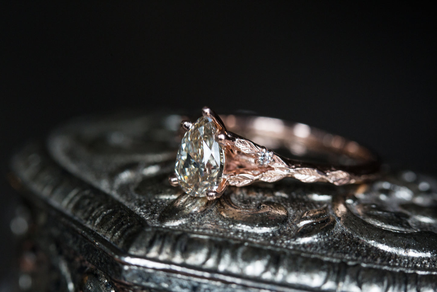 Pear champagne diamond leaf cathedral ring
