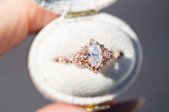 Briar rose three stone with marquise moissanite and lab peach sapphire (fairy queen ring)
