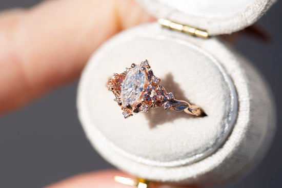 Briar rose three stone with marquise moissanite and lab peach sapphire (fairy queen ring)