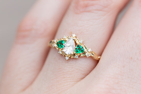 Briar rose three stone with pear moissanite and lab emerald (fairy queen ring)