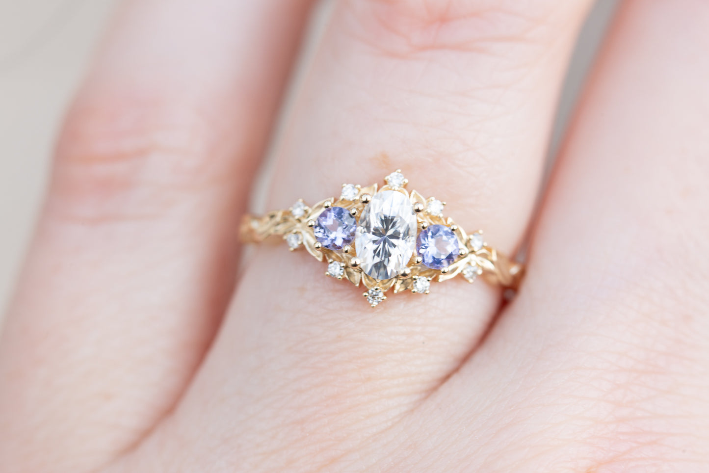 Briar rose three stone with oval moissanite and round tanzanite (fairy queen ring)