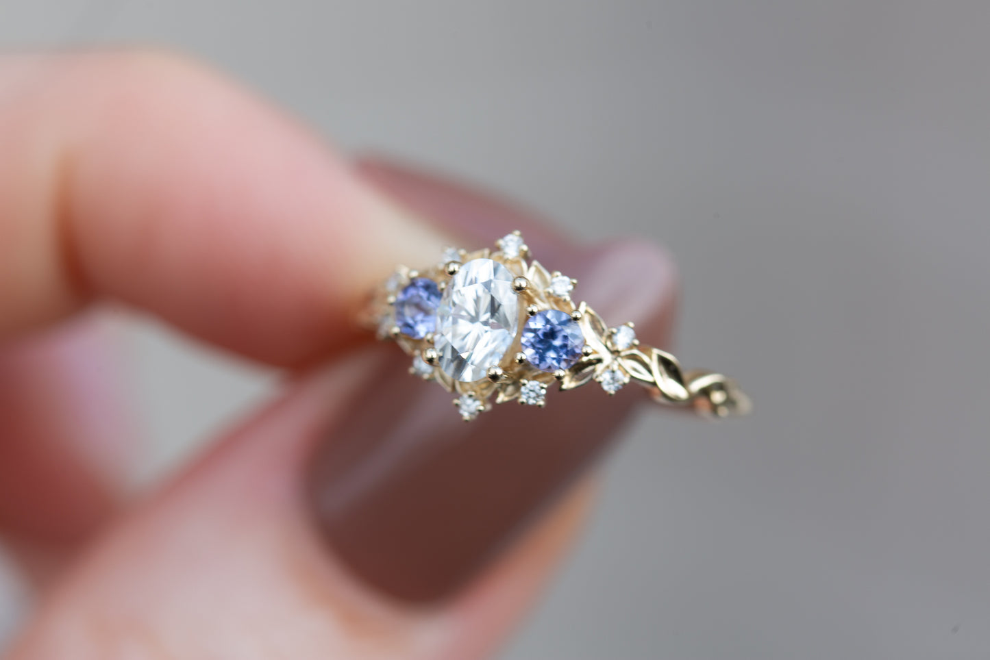 Briar rose three stone with oval moissanite and round tanzanite (fairy queen ring)