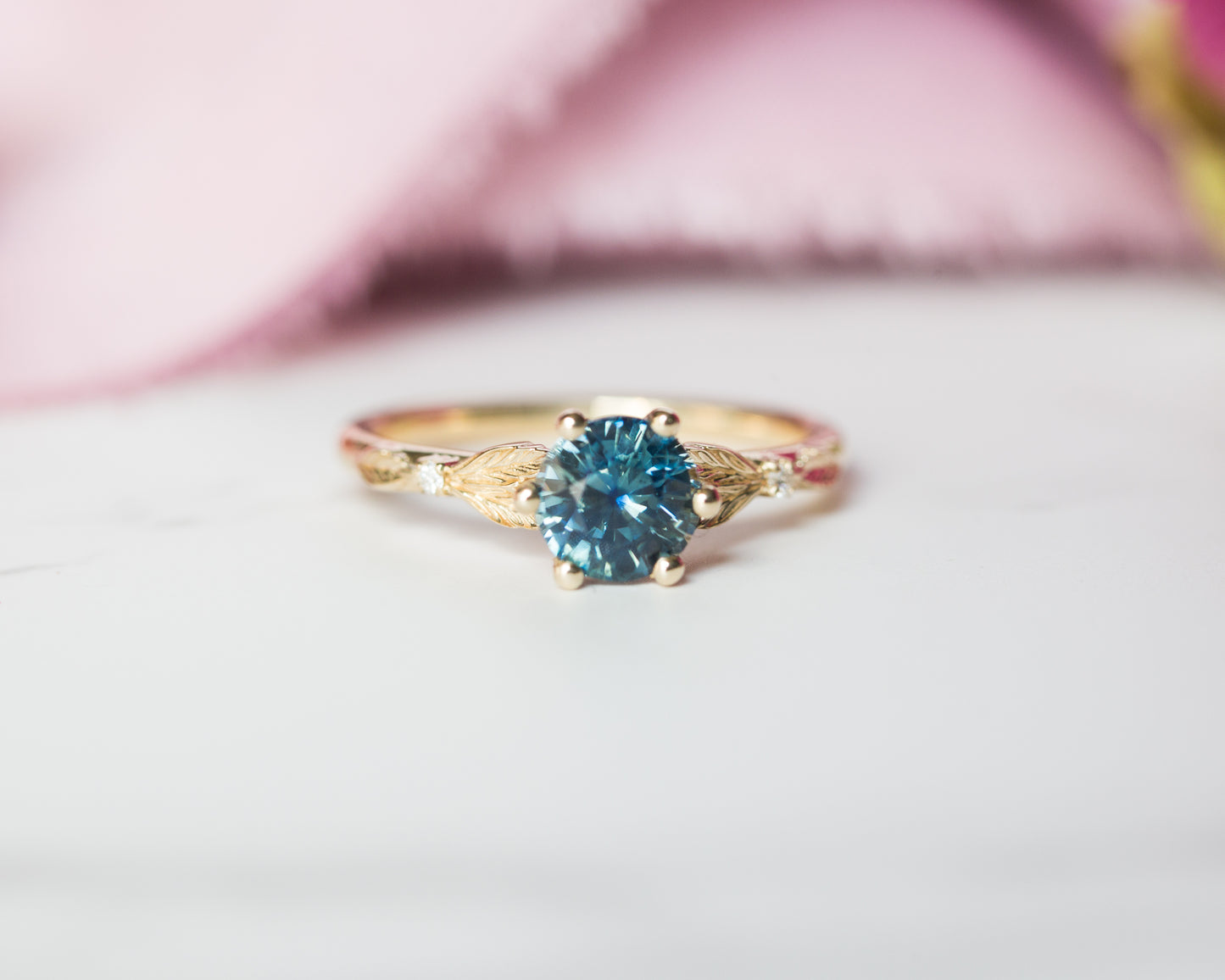 Blue green sapphire leaf cathedral ring