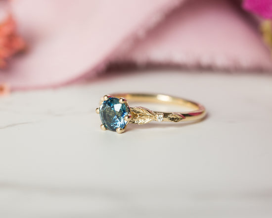 Blue green sapphire leaf cathedral ring