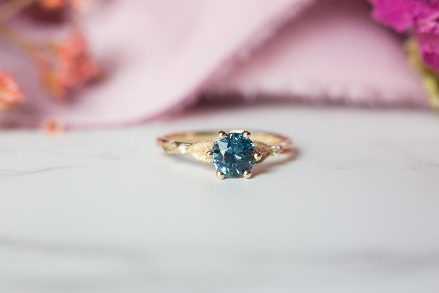 Blue green sapphire leaf cathedral ring