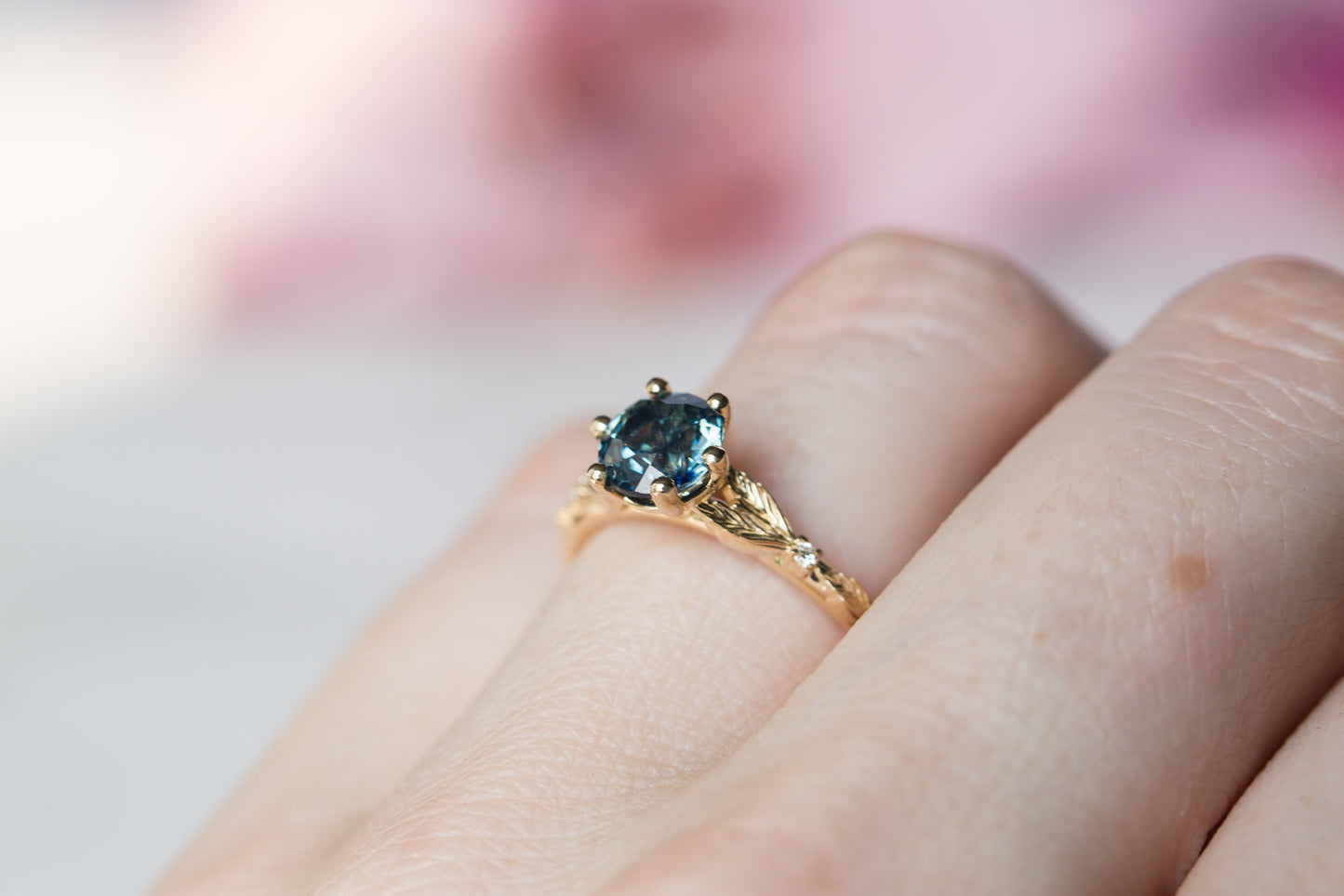 Blue green sapphire leaf cathedral ring