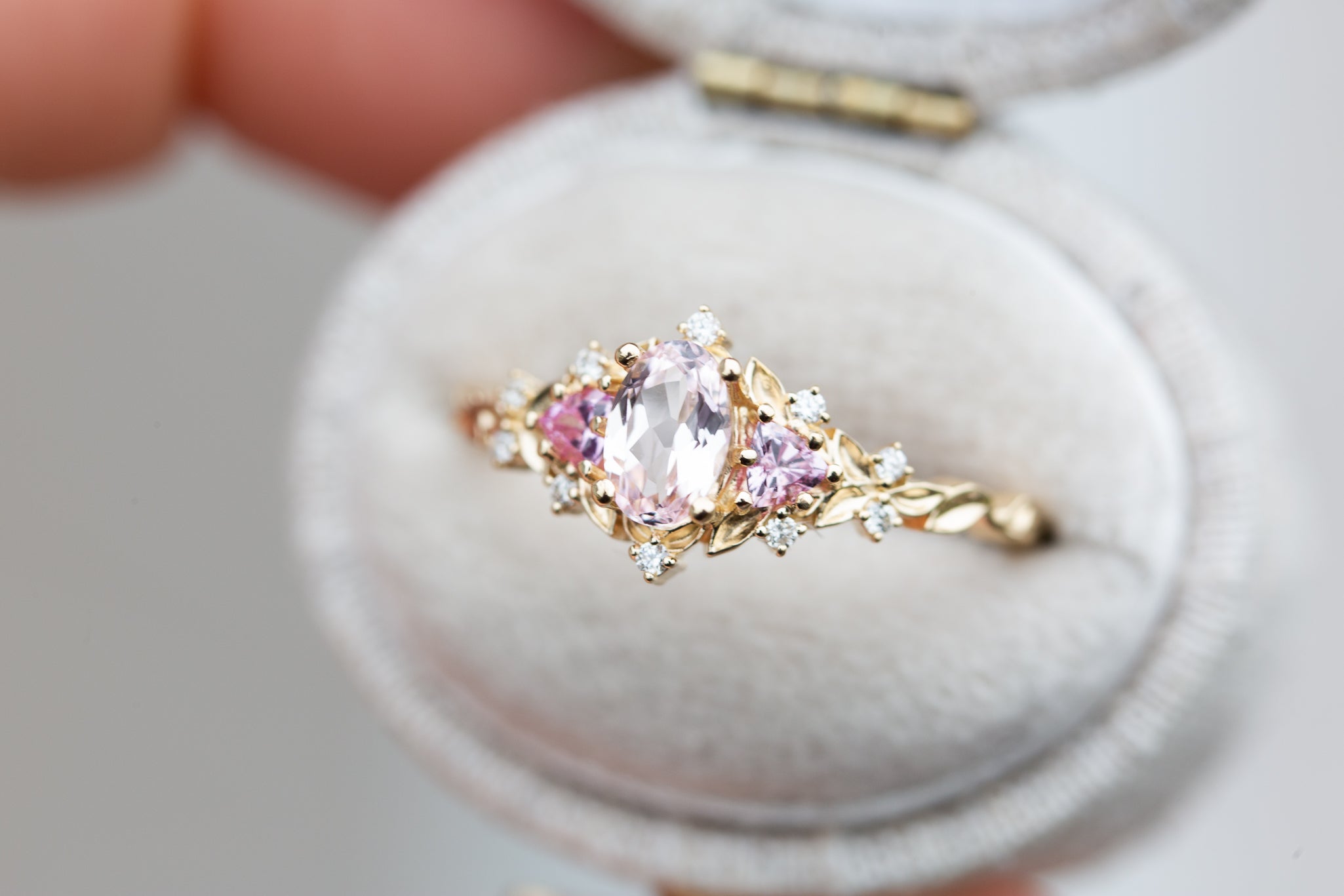 Briar rose three stone with oval light pink sapphire (fairy queen ring ...