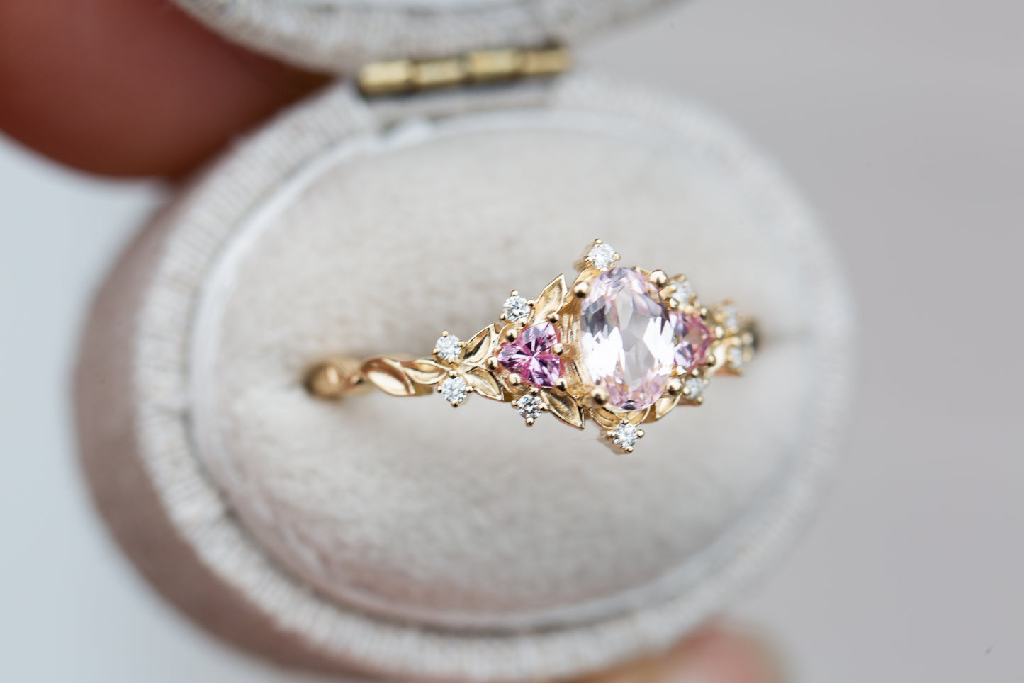 Briar rose three stone with oval light pink sapphire (fairy queen ring)
