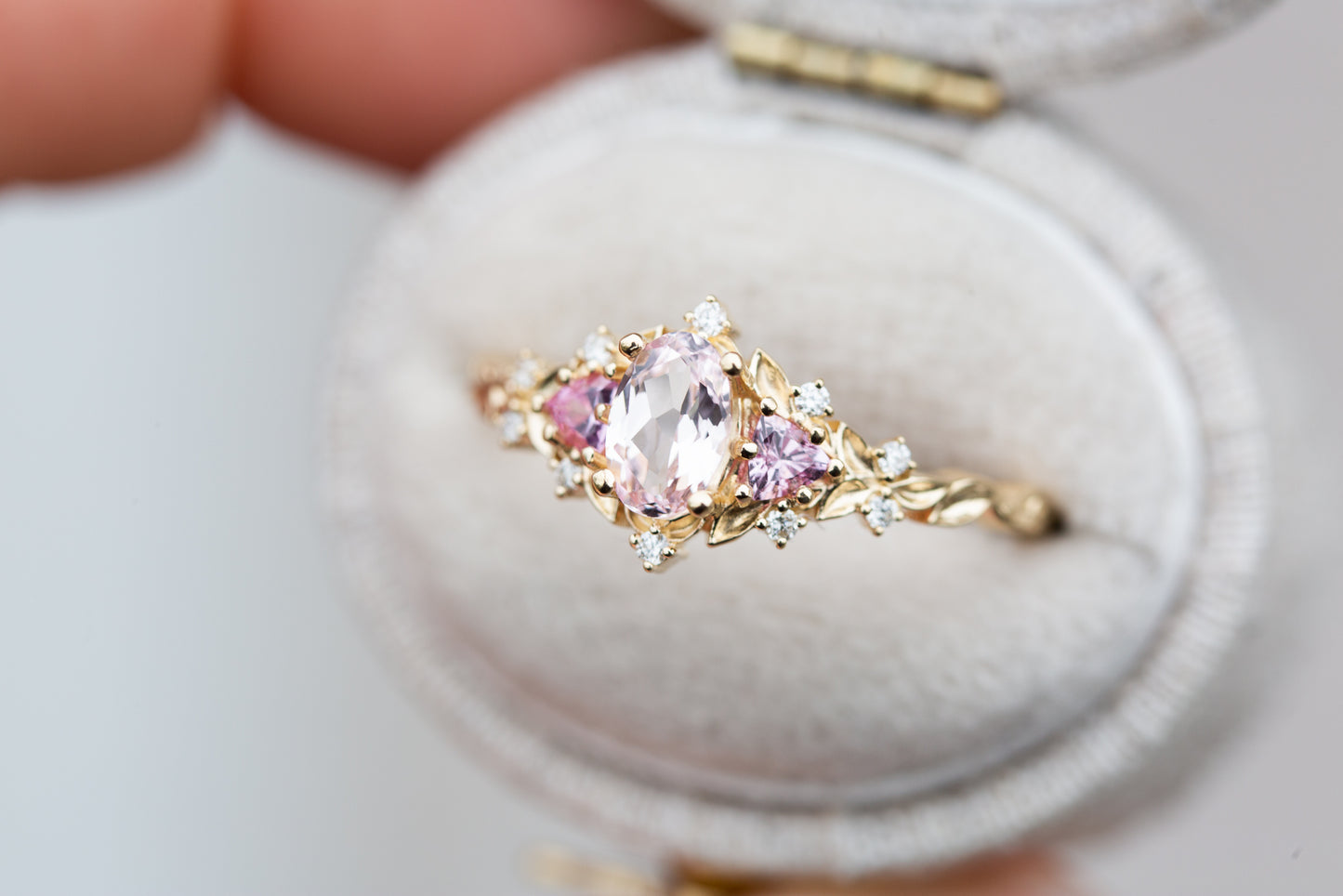 Briar rose three stone with oval light pink sapphire (fairy queen ring)