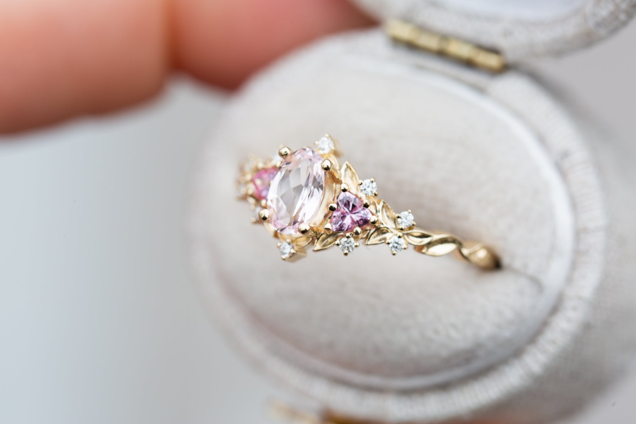 Briar rose three stone with oval light pink sapphire (fairy queen ring ...
