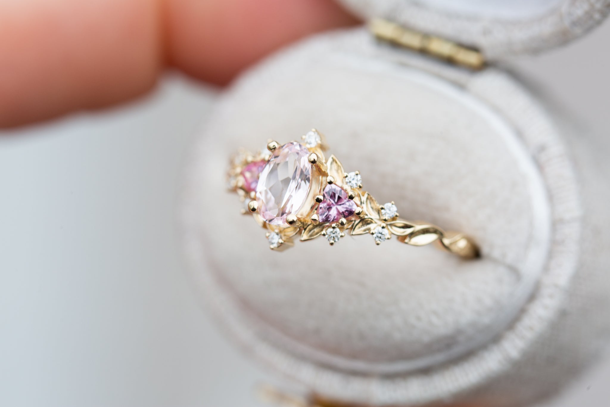 Briar Rose Three Stone with oval light pink sapphire (fairy queen
