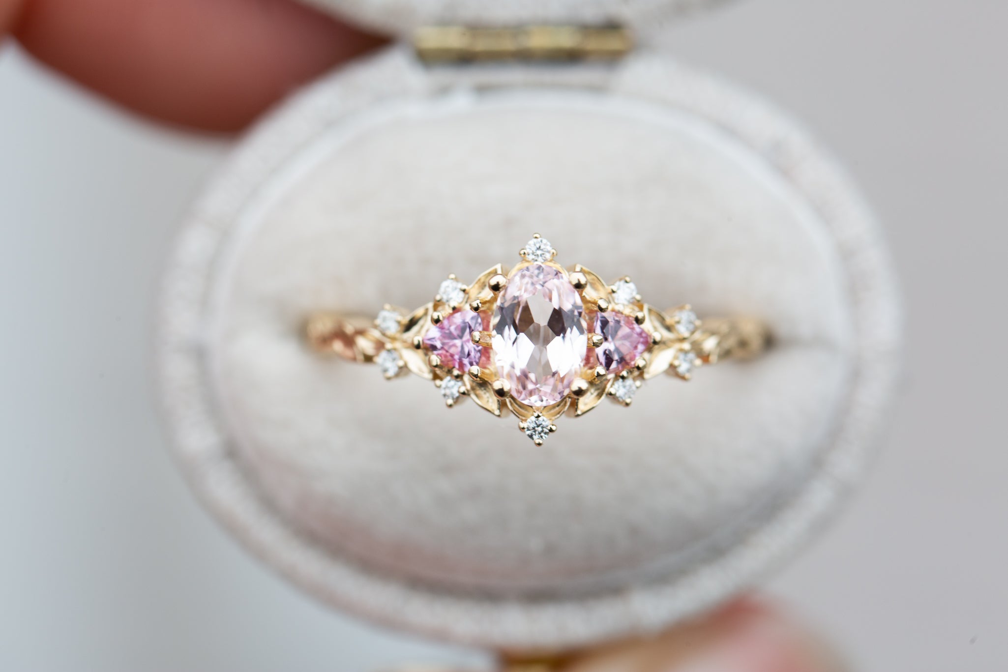 Briar rose three stone with oval light pink sapphire (fairy queen ring ...