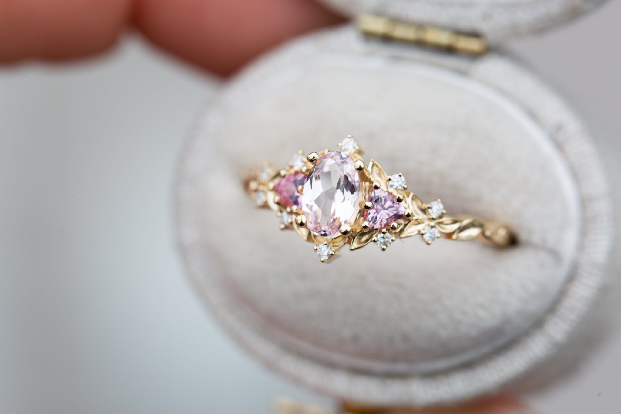Briar rose three stone with oval light pink sapphire (fairy queen ring ...