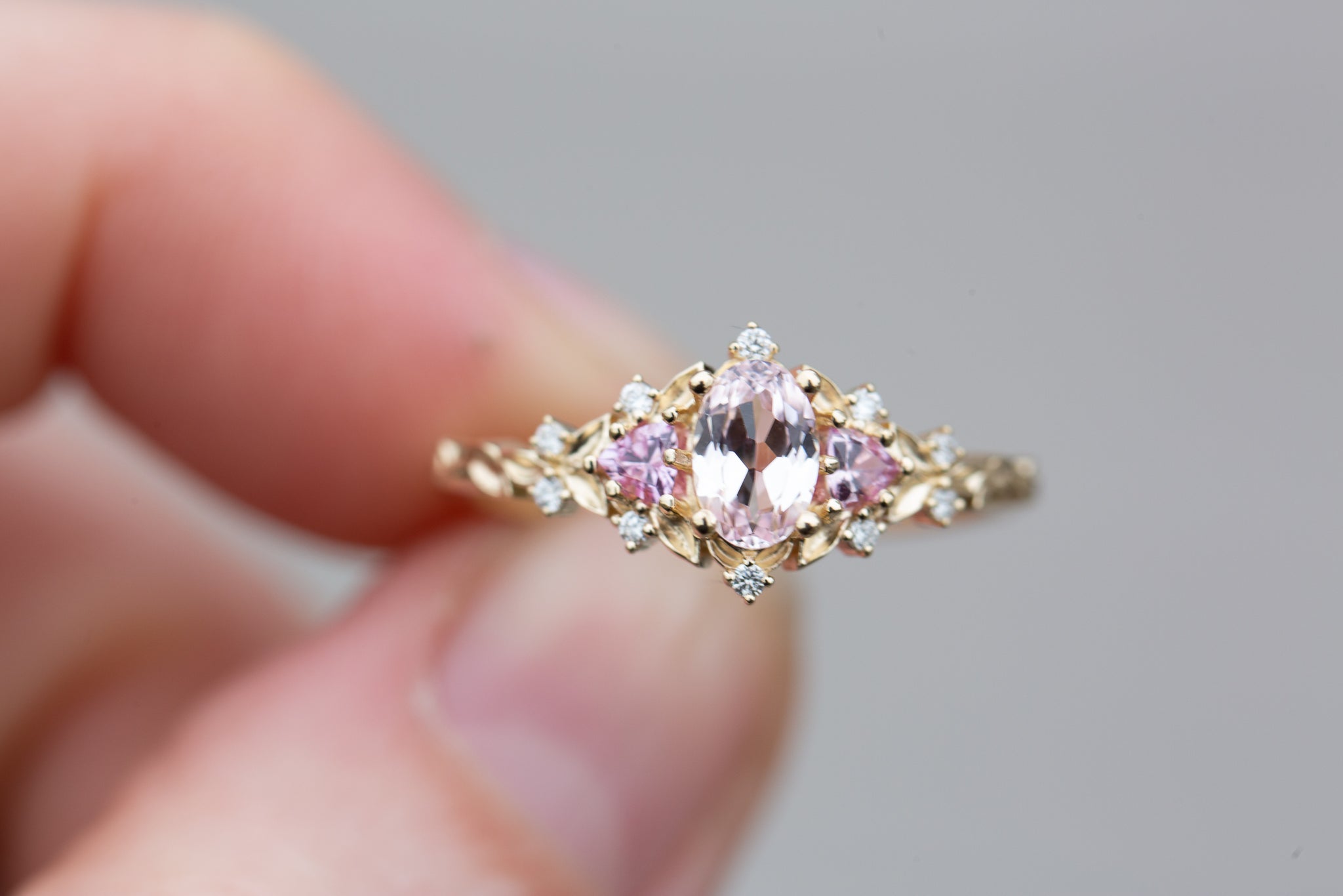 Briar Rose Three Stone with oval light pink sapphire (fairy queen