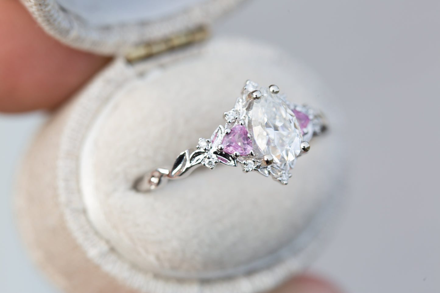 Briar rose three stone with pear moissanite and pink sapphire