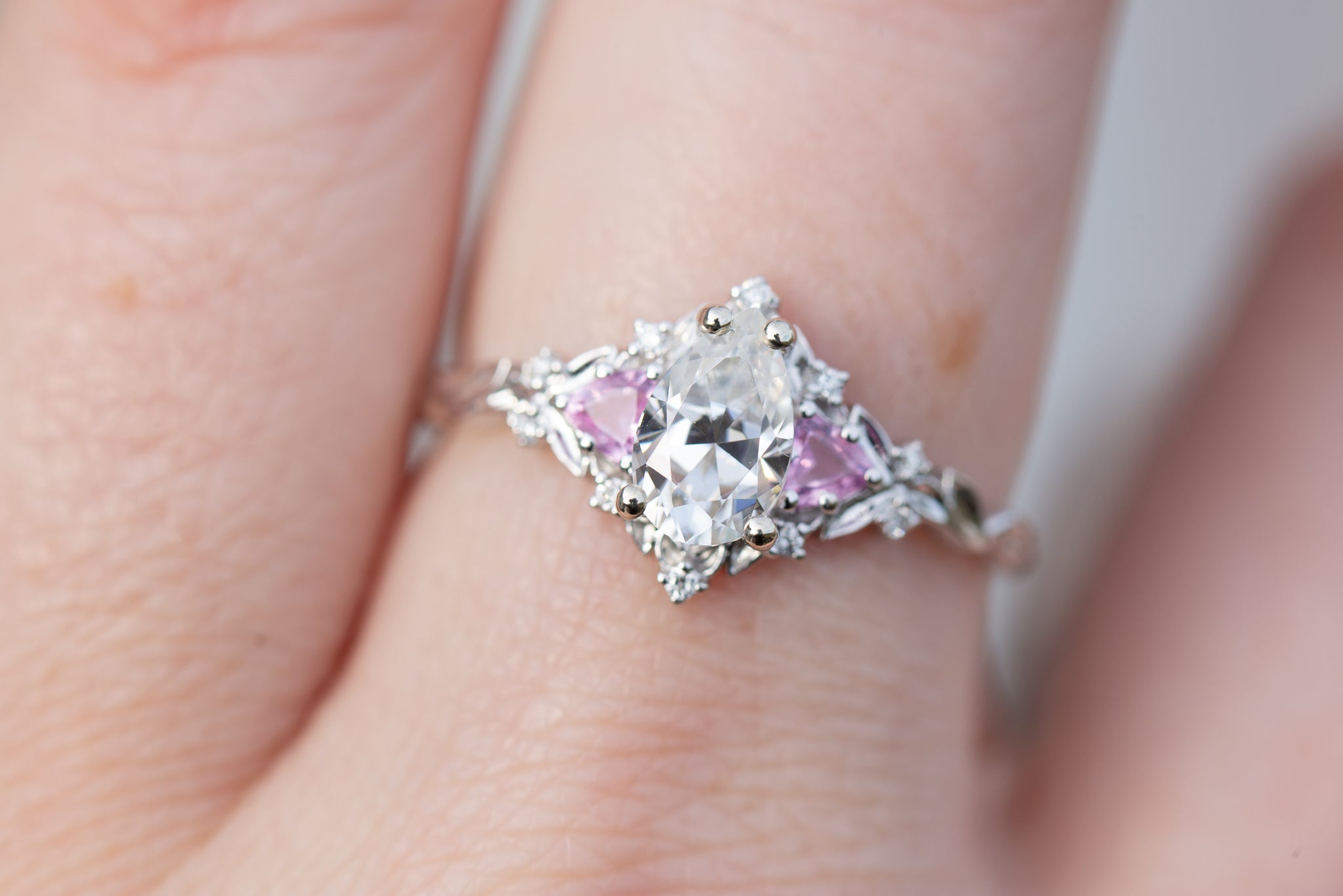 Briar Rose Three Stone with pear moissanite and pink sapphire