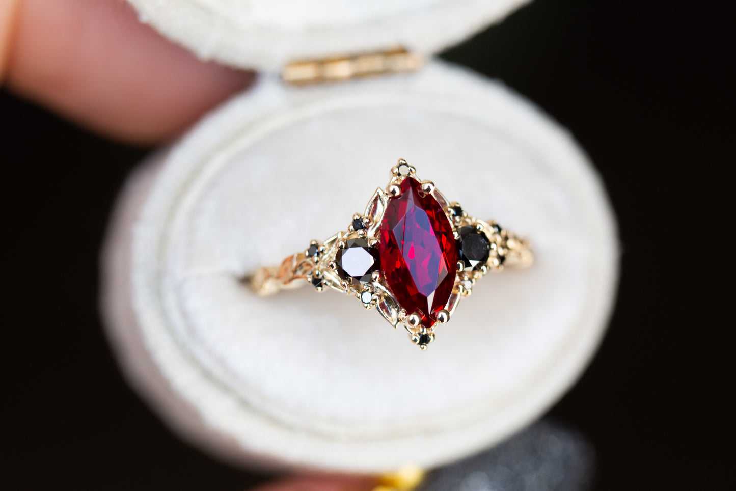 Briar rose three stone with marquise lab ruby and black diamonds